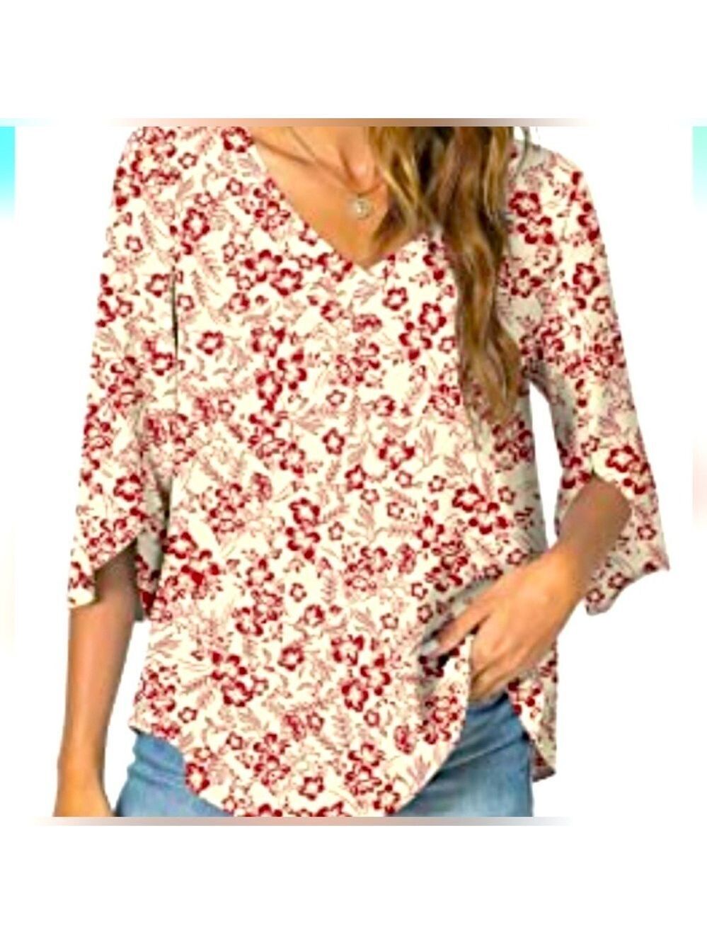 Taohuadao Blouse V Neck 3/4 Sleeve Floral Tunic Sz 3XL